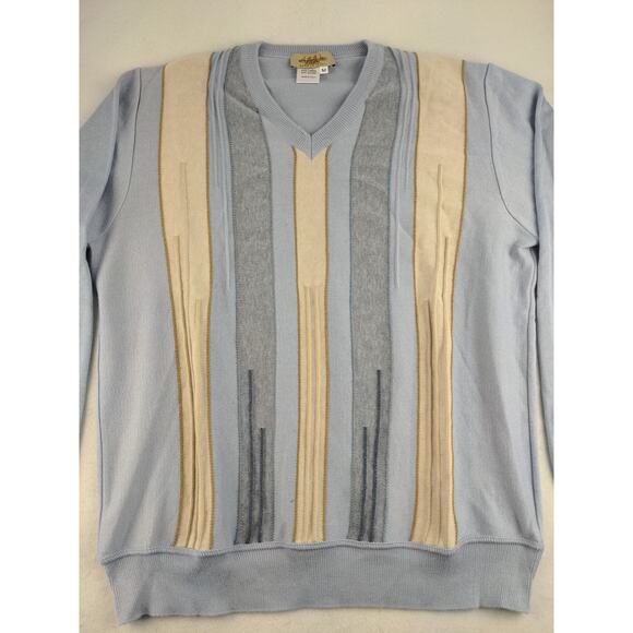 Mens Montechiaro V Neck Sweater Size M Pullover Blue Gray & Cream Made in Italy - Picture 3 of 12